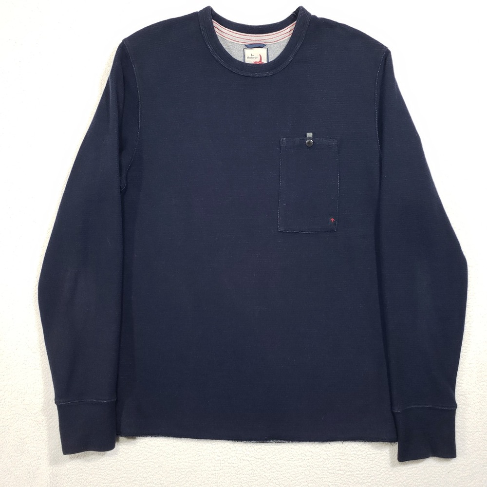 Relwen Micro Waffle Crew Shirt Mens Large Navy Blue Long Sleeve Cotton Pocket